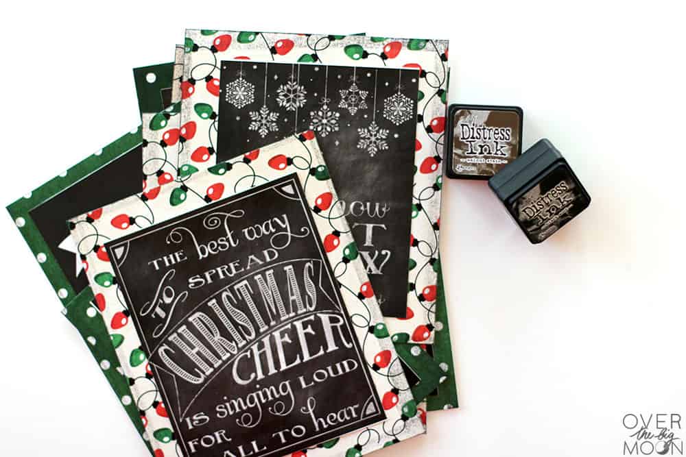 DIY Chalkboard Printables on cardstock with distress ink sitting to the side.